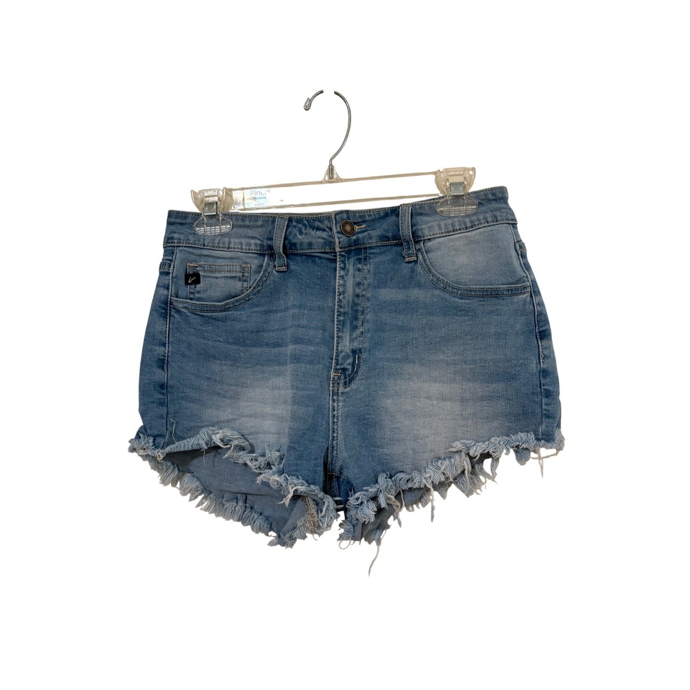 Kancan Women Light Wash High Rise Frayed Raw Hem Denim Shorts Stretch Size 11/29